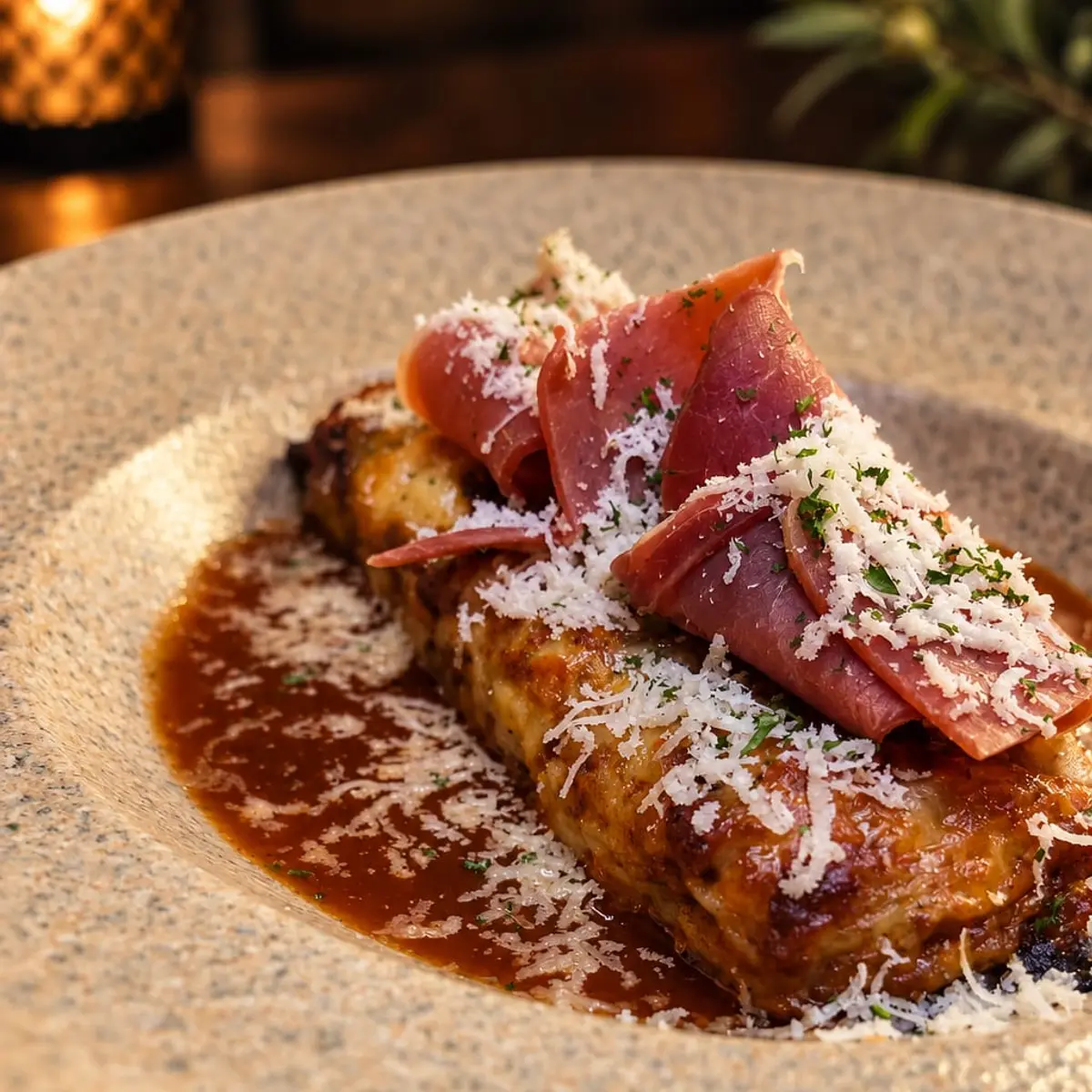 Lasagna de res y jamón serrano
